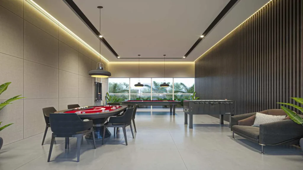 Sala de jogos do Infinity Home Club em Umuarama - área de lazer em condomínio de alto padrão