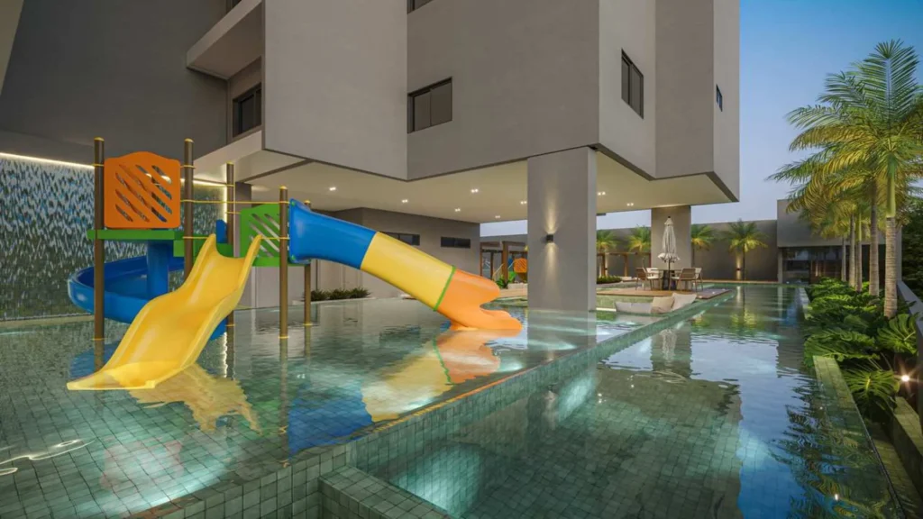 Playground infantil na piscina do Infinity Home Club em Umuarama - condomínio alto padrão com lazer completo