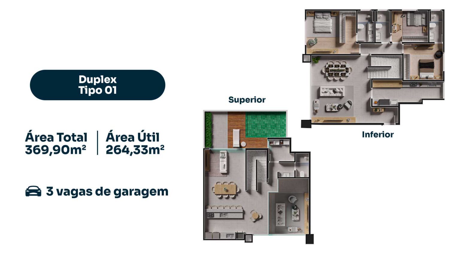 Planta Duplex Tipo 01 no Infinity Home Club em Umuarama - cobertura duplex com 3 suítes, 264m² de área útil e 3 vagas de garagem
