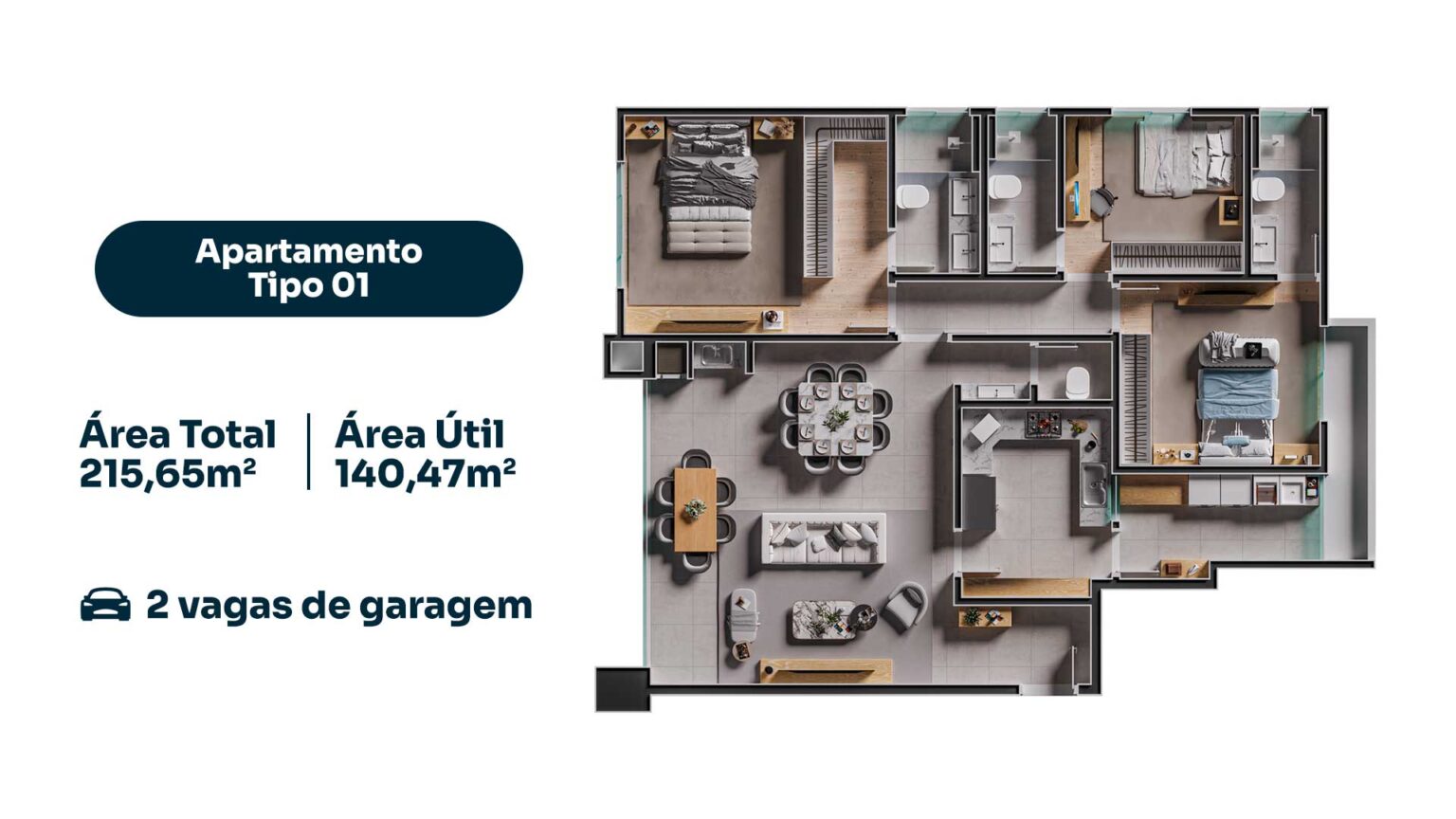 Planta do Apartamento Tipo 01 no Infinity Home Club em Umuarama - 3 suítes, 140m² de área útil e 2 vagas de garagem